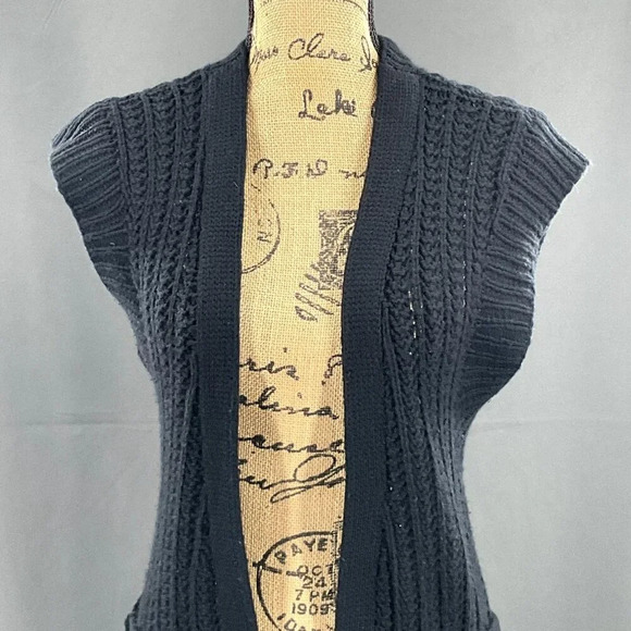 Wallace Sweater Women M Black Duster Knit Vest Tie Pocket Wool Cashmere Cardigan - Picture 6 of 7